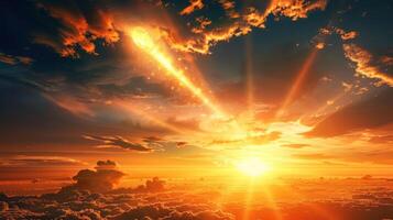 Dramatic sunset with a meteor streaking across the sky, illuminating clouds and horizon photo