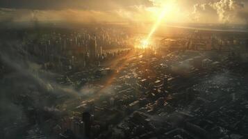 Aerial view of a vibrant cityscape at sunset, showcasing dramatic lighting and urban architecture photo