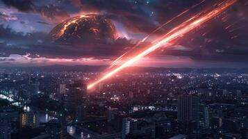 A dramatic cityscape under a fiery meteor shower with a volcanic backdrop at twilight photo