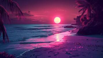 Serene sunset over a tranquil beach with palm trees and gentle waves reflecting vibrant colors photo