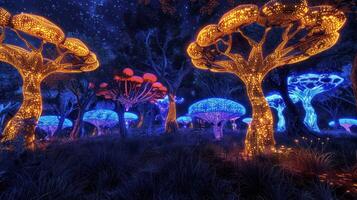 Enchanted forest illuminated by vibrant bioluminescent trees under a starry night sky photo