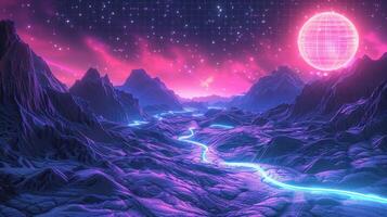 Surreal landscape with glowing river under a starry sky and large celestial body in the background photo