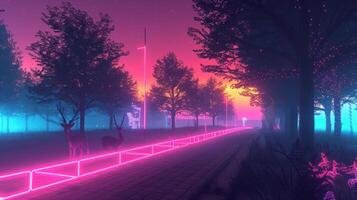 Serene twilight scene featuring deer along a neon-lit pathway in a vibrant urban park photo