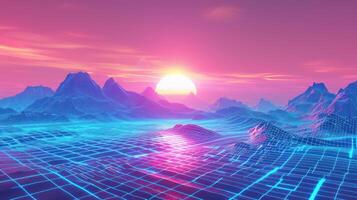Digital landscape featuring a vibrant sunset over stylized mountains and grid patterns photo
