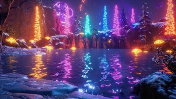 Enchanting nighttime landscape with colorful illuminated trees reflecting on a serene lake photo