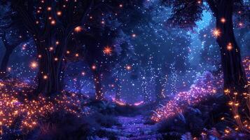 Enchanted forest illuminated by glowing orbs, with a serene pathway through vibrant foliage photo