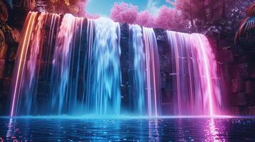 Vibrant waterfall cascading into a serene pool surrounded by lush, colorful foliage and mystical lighting photo