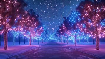 A serene winter night scene featuring colorful illuminated trees lining a snowy pathway under a starry sky photo