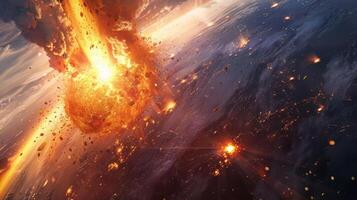 Dramatic cosmic explosion with fiery debris impacting a planet in a vast space backdrop photo