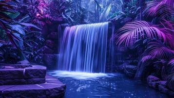Serene waterfall cascading through vibrant tropical foliage in a mystical forest setting photo