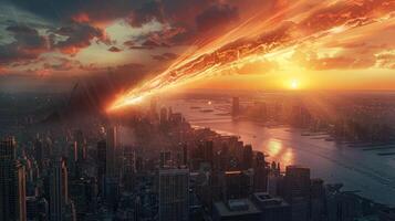Dramatic sunset over a city skyline as a meteor strikes, creating chaos and awe in the background photo