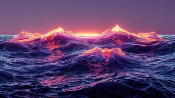 Vibrant sunset over rolling ocean waves with glowing peaks and serene twilight backdrop photo
