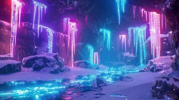 Enchanted ice cave with glowing icicles and a shimmering river, creating a magical atmosphere photo