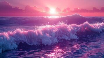 Serene Sunset Over Vibrant Ocean Waves with Gentle Ripples and Soft Pink Sky Reflections photo