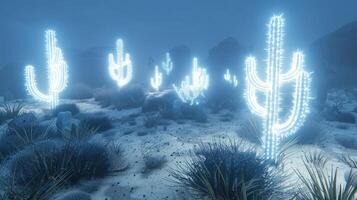 Illuminated cacti in a foggy desert landscape at night, creating a surreal atmosphere photo