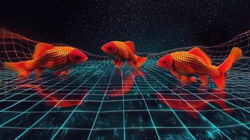 Three vibrant goldfish swimming in a digital grid space, surrounded by sparkling particles photo