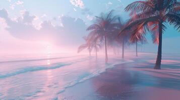 Serene beach at sunset with palm trees reflecting vibrant colors in tranquil waters photo