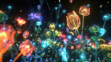 Vibrant glow of colorful flowers in a mystical garden with shimmering lights and ethereal ambiance photo