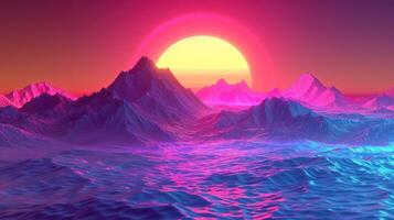 Vibrant sunset over surreal mountains and ocean waves, creating a dreamlike atmosphere photo