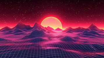 Vibrant retro landscape with a glowing sun setting over grid-like mountains and starry sky photo