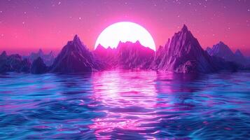 Vibrant sunset over surreal mountains and shimmering water, creating a dreamlike atmosphere photo