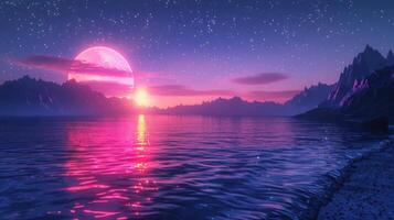 Surreal landscape at twilight with a vibrant pink moon reflecting on a tranquil ocean photo
