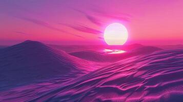 Surreal landscape with vibrant pink sunset reflecting on undulating hills of soft sand photo