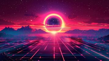 Futuristic landscape with a vibrant sunset, neon colors reflecting on a grid pattern, mountains in background photo