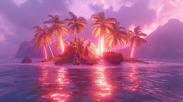 Serene tropical island at sunset with vibrant palm trees and glowing reflections in water photo
