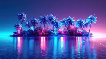 Vibrant tropical island at dusk with neon lights reflecting on calm waters, creating a surreal atmosphere photo