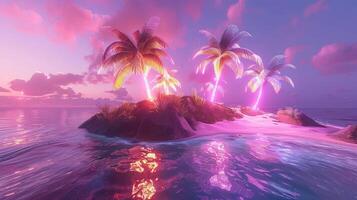 Serene tropical island at sunset with vibrant palm trees reflecting in calm waters photo