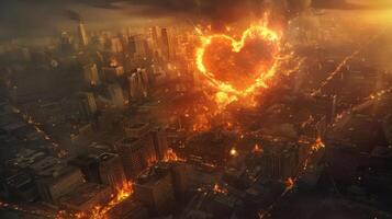 A fiery heart-shaped explosion illuminates a city skyline engulfed in flames at dusk photo