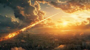 Dramatic sunset over a city skyline as a meteor streaks through the clouds, creating awe photo