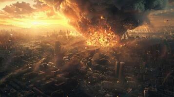 A dramatic sunset over a cityscape as an explosion engulfs buildings, creating chaos photo