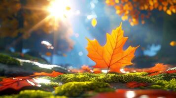 Vibrant orange maple leaf resting on mossy ground in a sunlit autumn forest scene photo