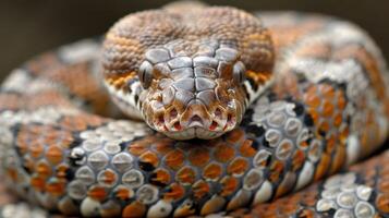 Close-up of a vibrant snake coiled on a natural surface, showcasing its intricate patterns and colors photo