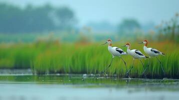 Three elegant birds walking along a serene wetland, surrounded by lush green grass and soft mist photo