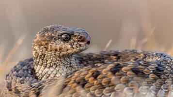 Close-up of a textured snake resting in dry grass, showcasing its intricate scales and natural habitat photo