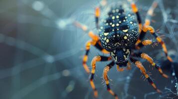 Close-up of a colorful spider on its web, showcasing intricate details and vibrant colors in nature photo