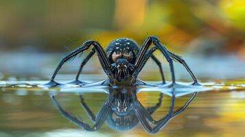 Close-up of a spider walking on water with a blurred natural background, showcasing its reflection photo