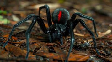 Close-up of a black spider with a red mark, resting on a bed of leaves in a forest setting photo
