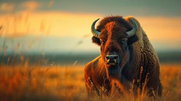 Majestic bison grazing in a golden field during sunset, with a serene landscape in the background photo