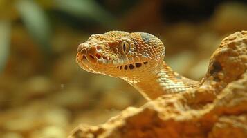 Close-up view of a vibrant snake resting on a rock in a natural habitat, with blurred foliage in background photo