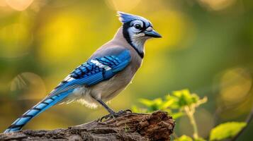 A vibrant blue jay perched on a log, surrounded by soft green foliage in a serene setting photo