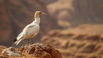 Elegant bird standing on rocky terrain with a blurred desert landscape in the background photo
