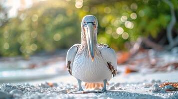 Close-up of a pelican standing on a sandy beach with blurred greenery in the background photo