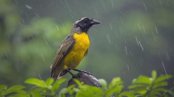 Vibrant yellow bird perched on a branch amidst rain, surrounded by lush green foliage photo