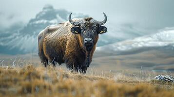 Majestic bison standing in a grassy field with snow-capped mountains in the background photo