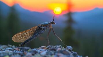 Close-up of a grasshopper perched on a rocky surface at sunset with blurred mountains in the background photo