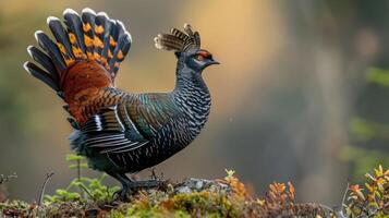 Striking bird displaying vibrant plumage in a serene forest setting during golden hour photo